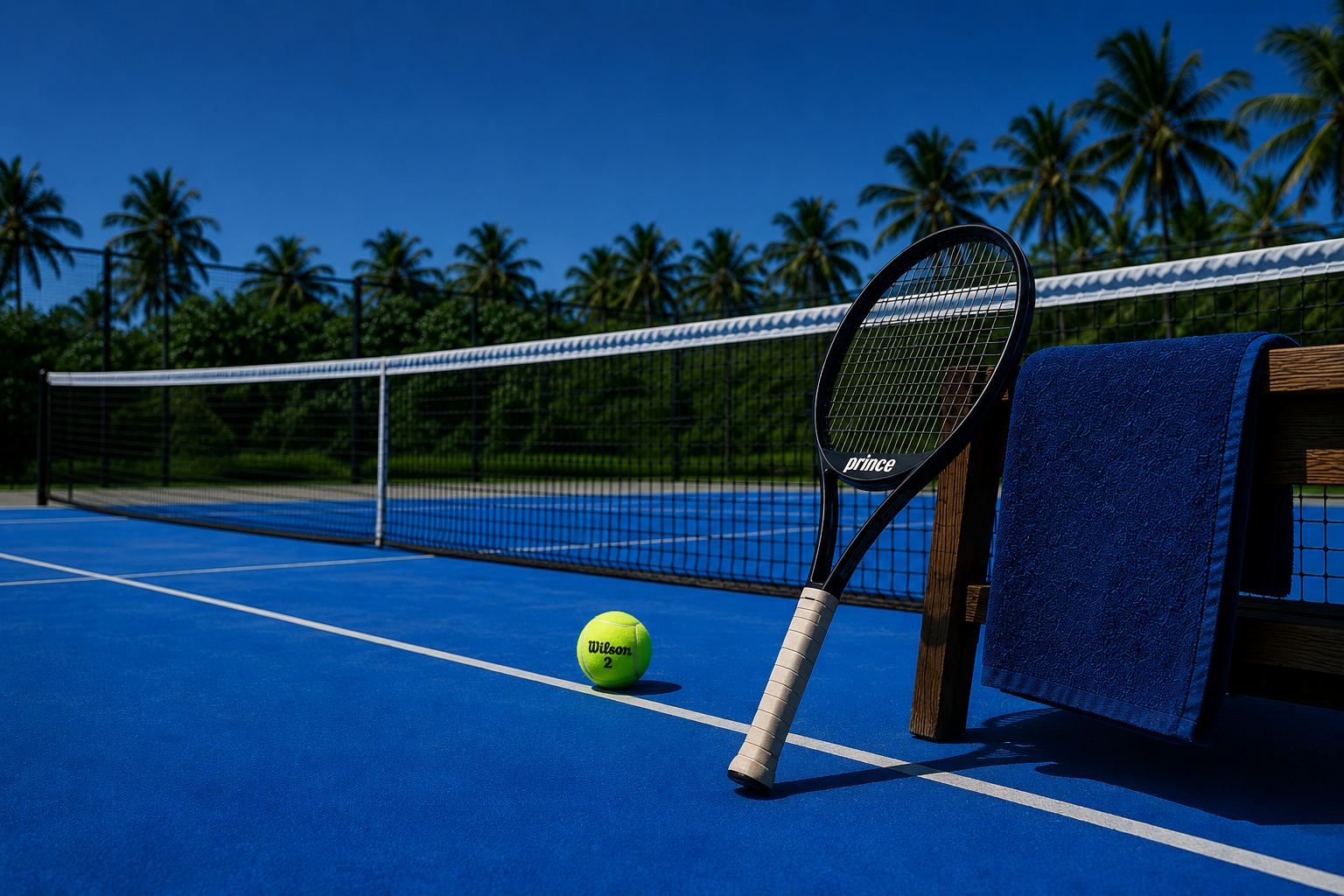 A racquet and tennis ball beside the net on the blue court, with a club towel on the bench.