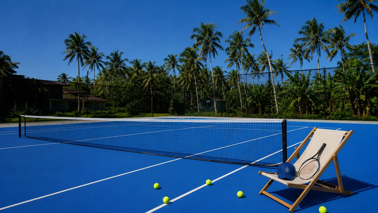 The blue tennis court at The Siargao Tennis Club, framed by coconut palms, with a deck chair, racquet and cap beside the net.