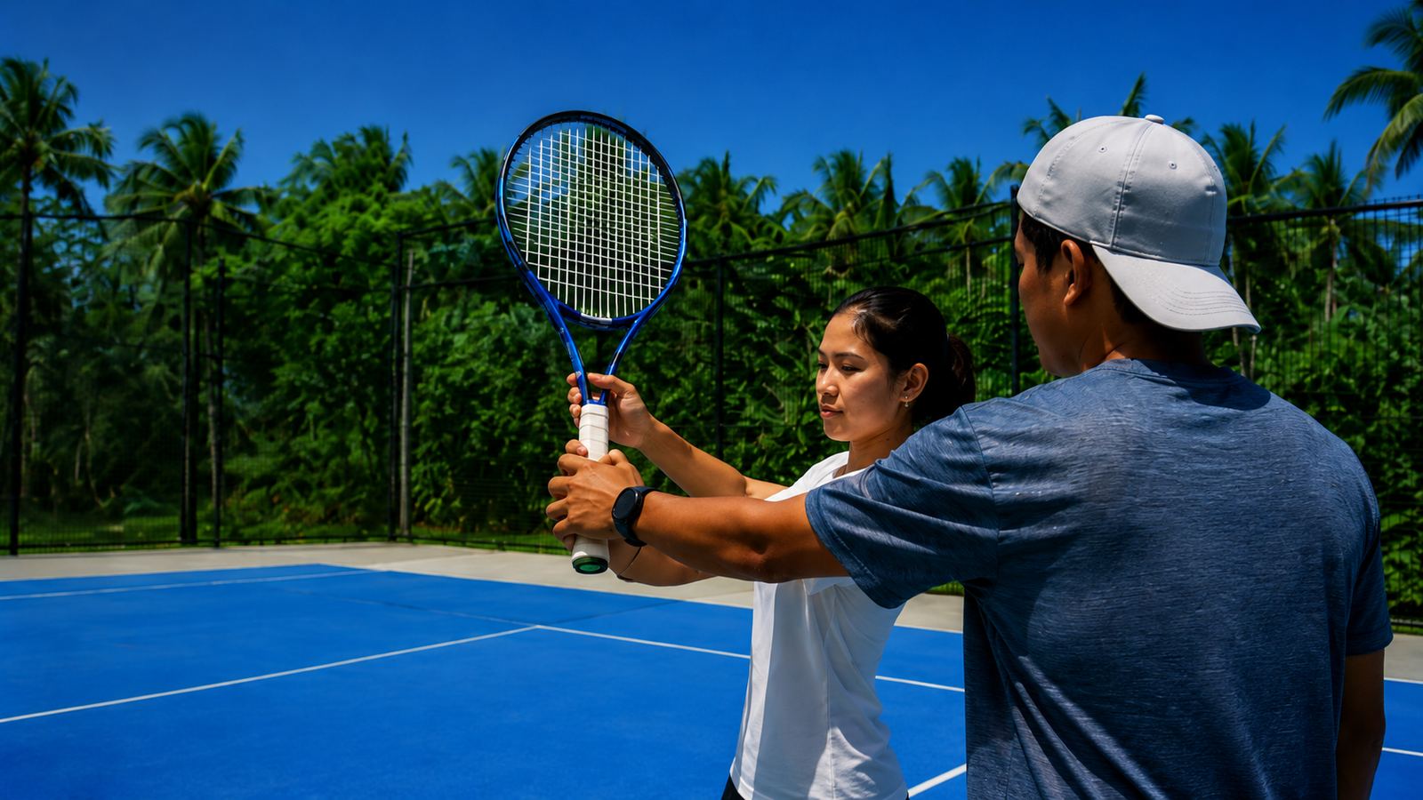 A coach guiding a student through a forehand grip on the court at The Siargao Tennis Club.