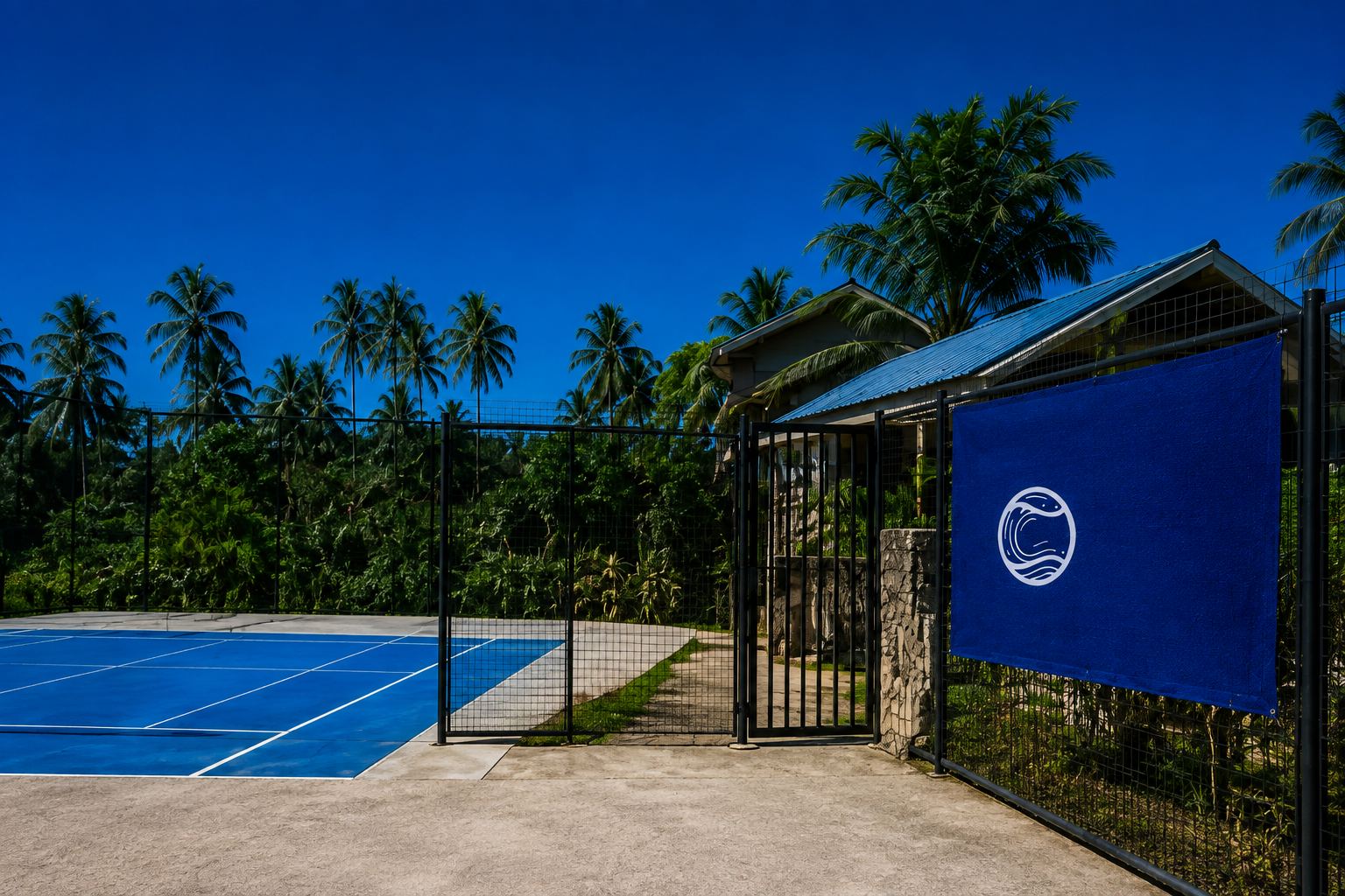 The gated entrance to The Siargao Tennis Club with a club banner on the fence and palms behind.