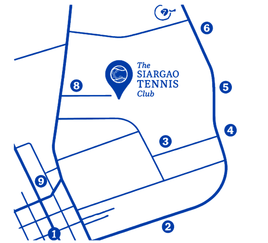 Hand drawn map of General Luna showing the club and nine numbered landmarks nearby.