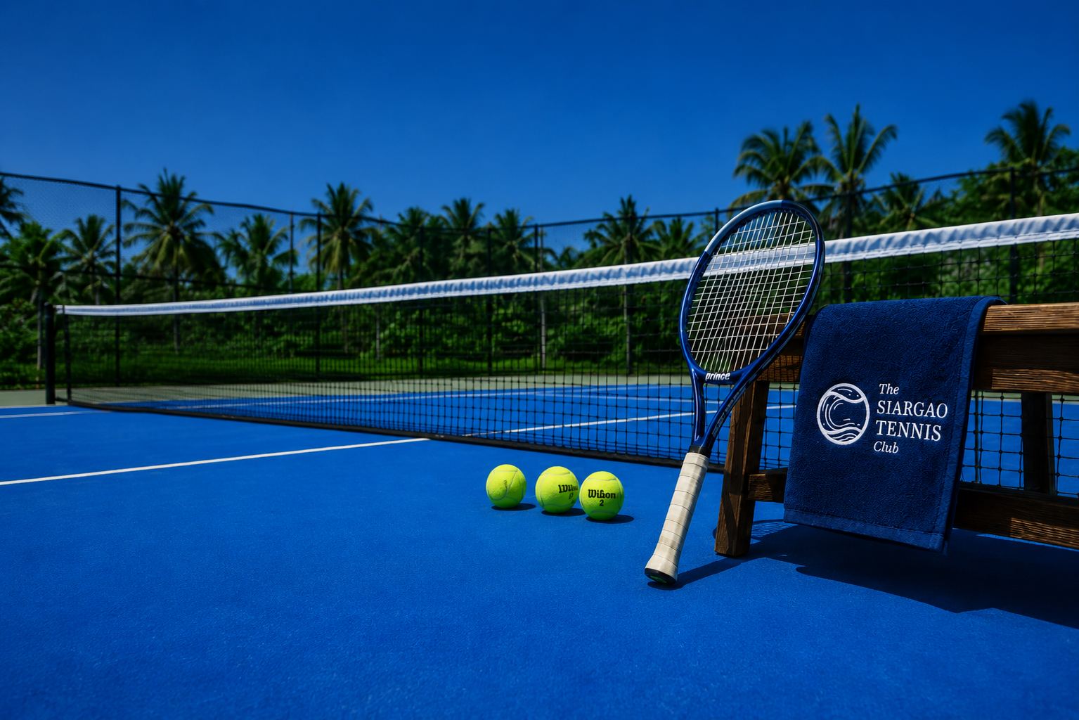 A racquet, tennis balls and a club towel resting by the net on the blue court.