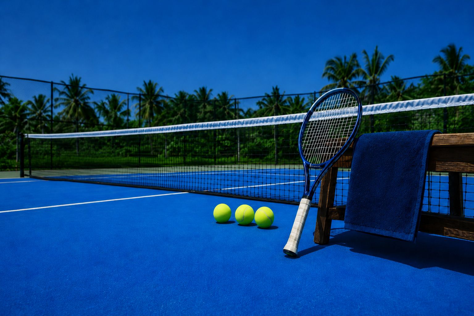 A racquet, tennis balls and a club towel resting by the net on the blue court.